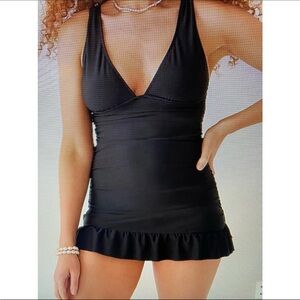 J Crew Women's Black V-neck One Piece Ruched Ruffles Swim Dress